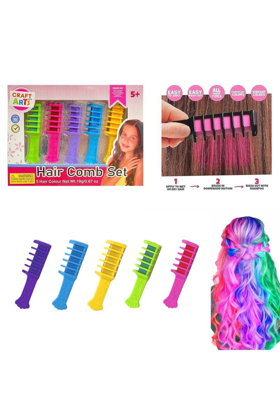 Craft & Arts Hair Comb Colour Set - Temporary Hair Chalk (5 Pack)