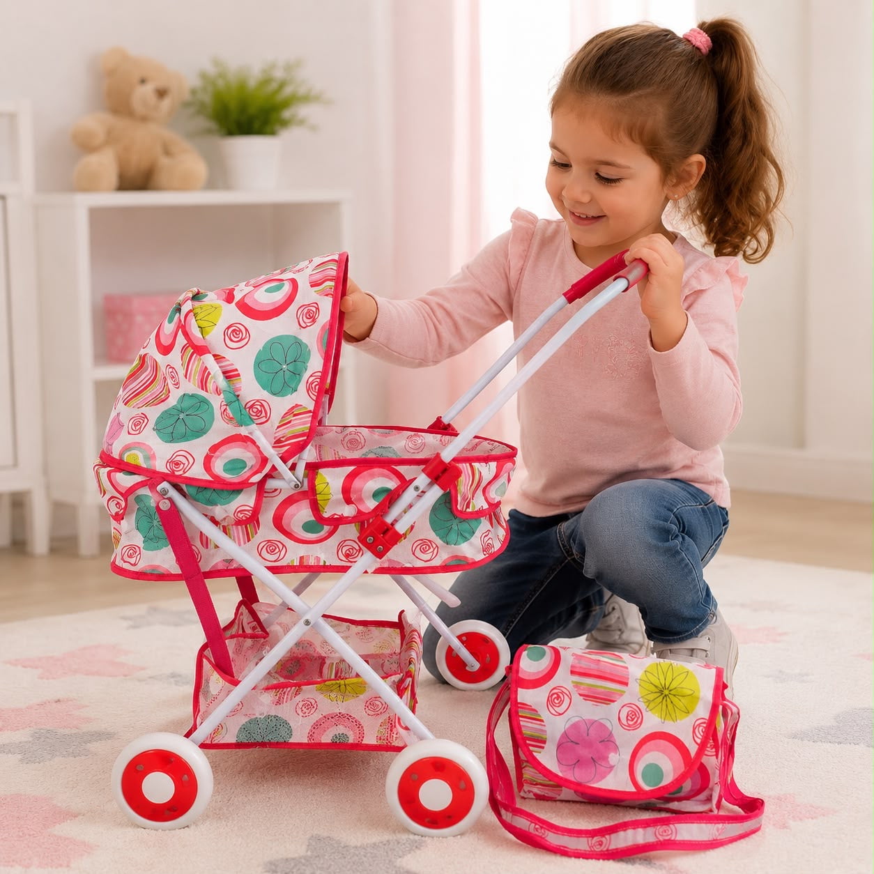 Doll Pram with Matching Nappy Bag