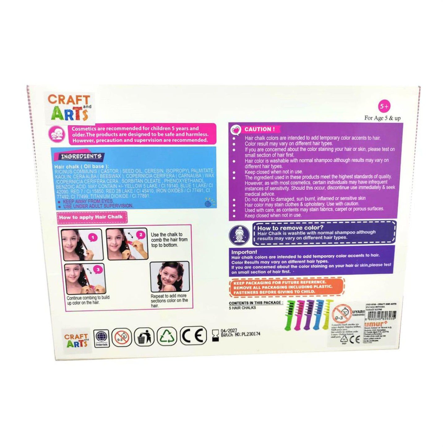 Craft & Arts Hair Comb Colour Set - Temporary Hair Chalk (5 Pack)