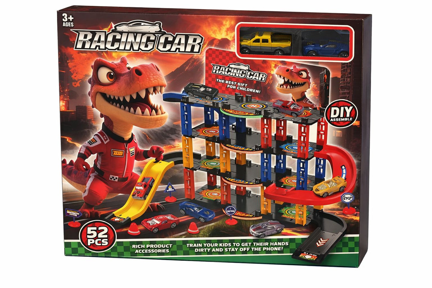 Racing Car Dinosaur Parking Garage Playset