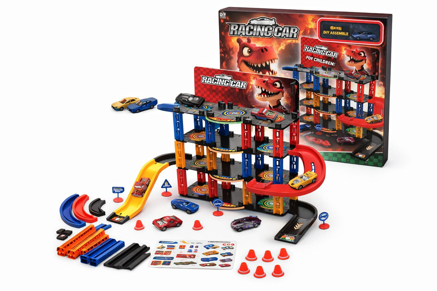 Racing Car Dinosaur Parking Garage Playset