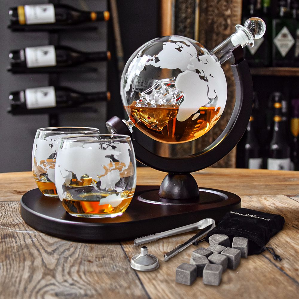 Deluxe Globe Whiskey Decanter Set