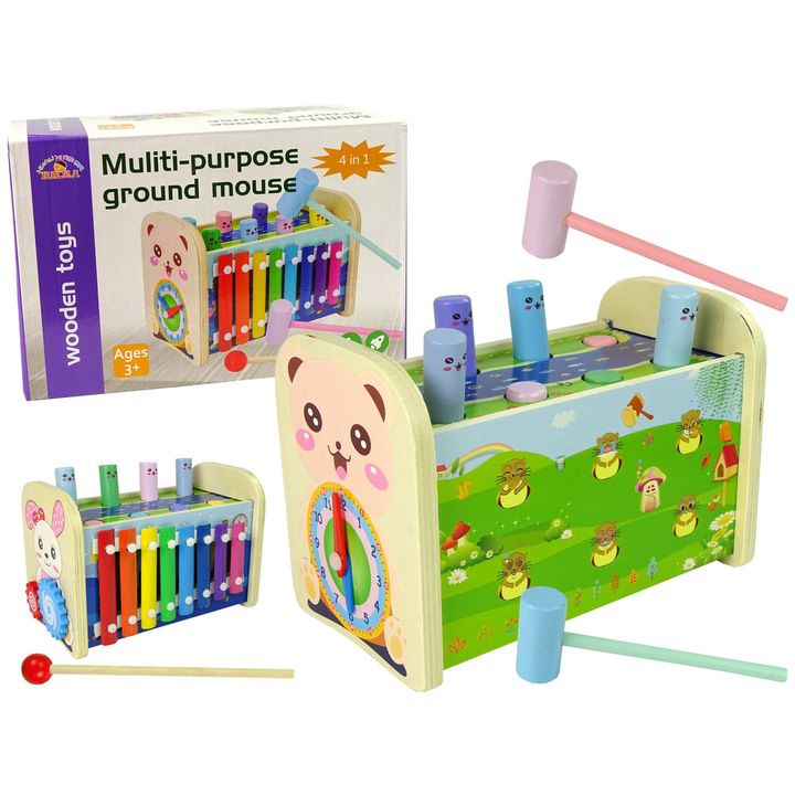4-in-1 Wooden Toy with Xylophone, Hammer & Clock