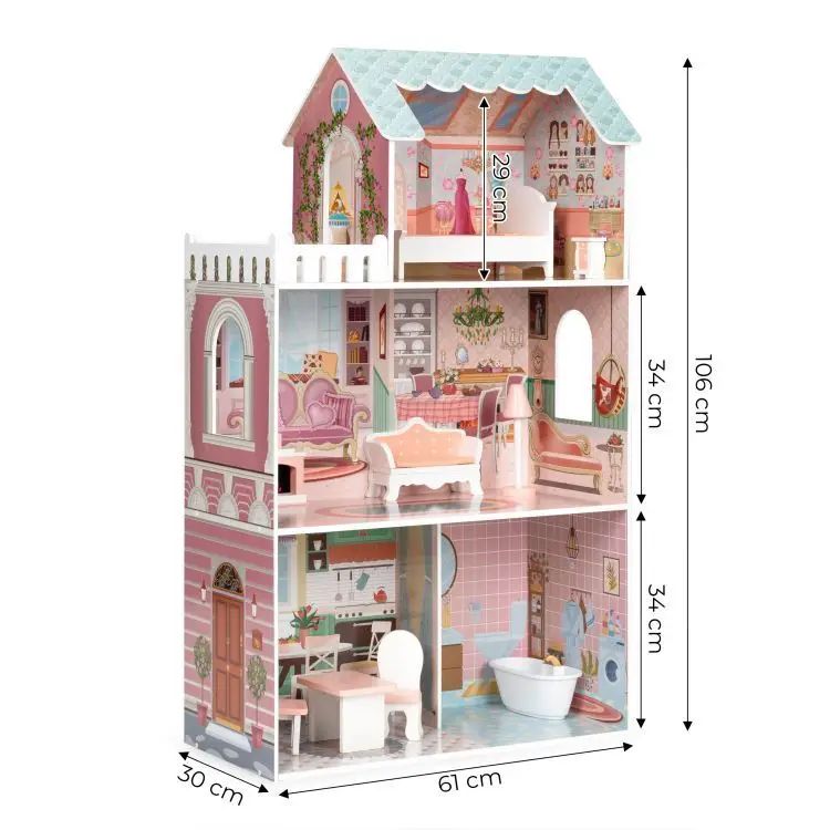 Luxury Wooden Dollhouse - Three Storey Dream Mansion (with Furniture)